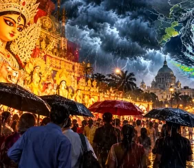 Rainy Durga Puja Beneath a Cyclone Sky