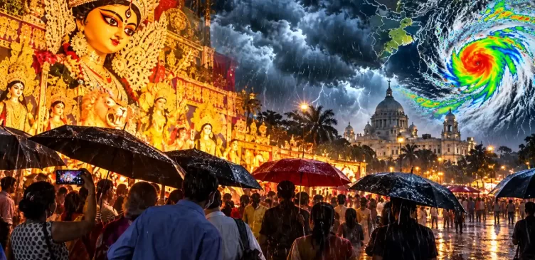 Rainy Durga Puja Beneath a Cyclone Sky