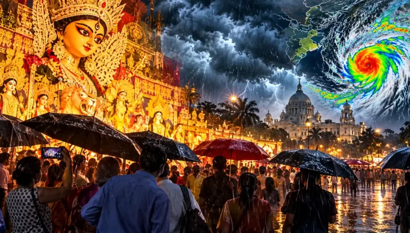 Rainy Durga Puja Beneath a Cyclone Sky